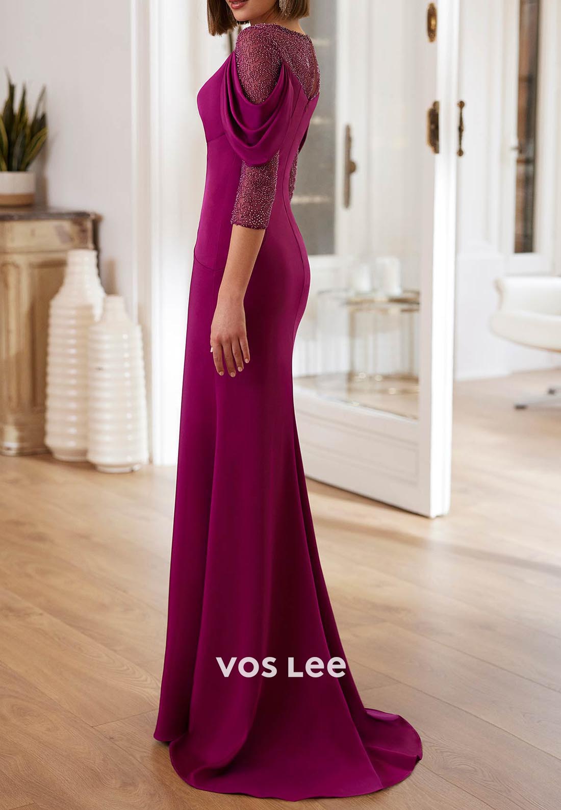 3/4 Sleeve Scoop Pleated Long Mermaid Mother of Bride Dresses with Sweep Train