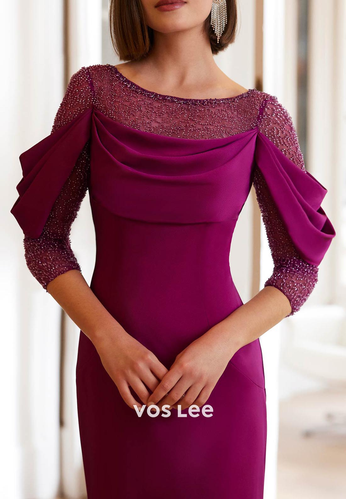 3/4 Sleeve Scoop Pleated Long Mermaid Mother of Bride Dresses with Sweep Train