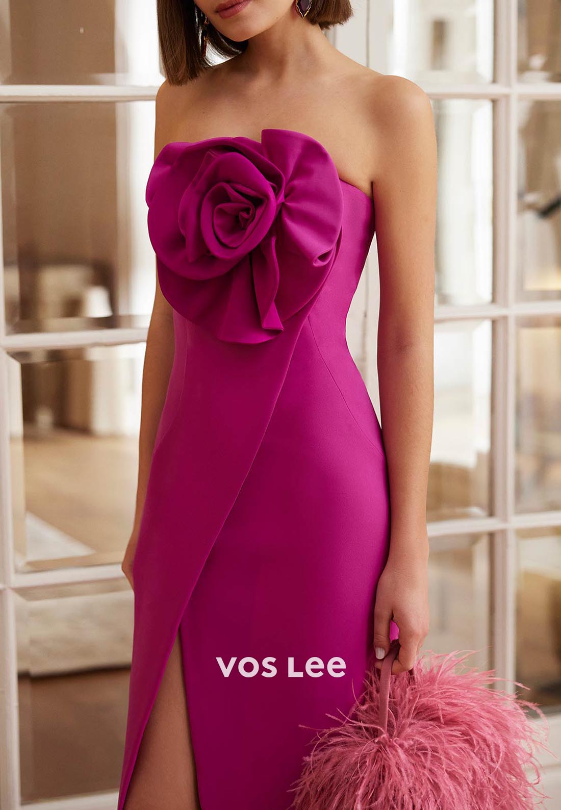 Strapless Flowers Ankle-Length Ruched Mermaid Mother of Bride Dresses with Side Slit