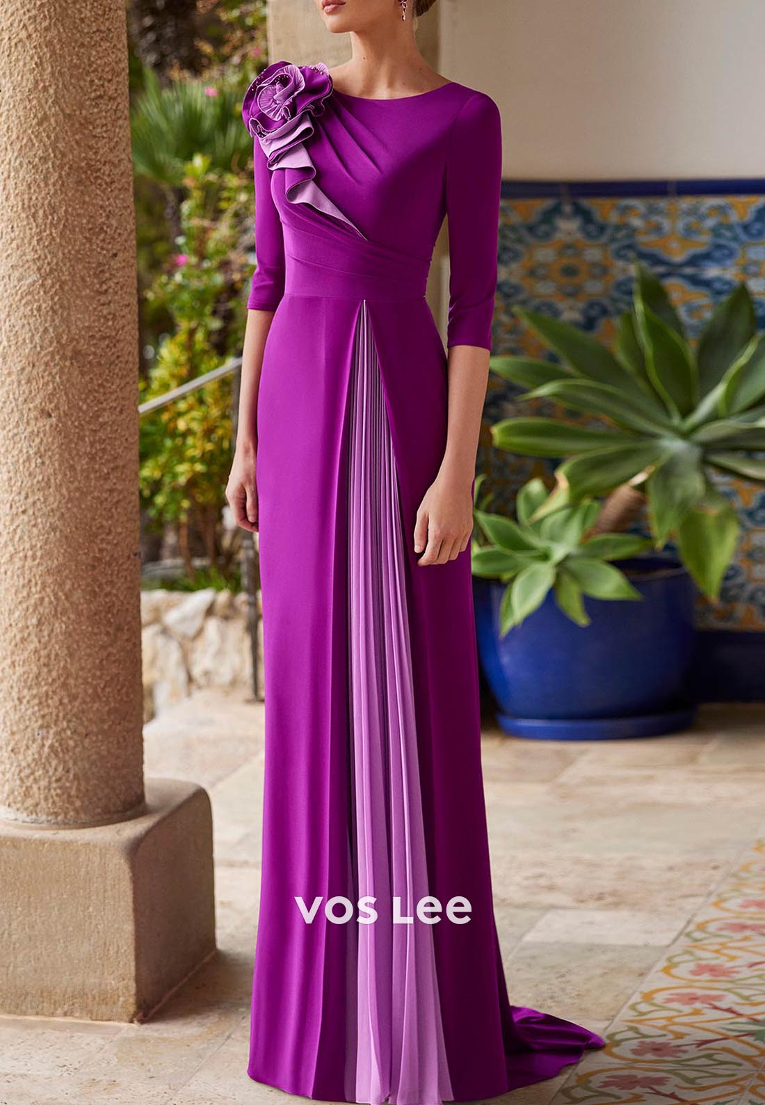 V Back 3/4 Sleeve Scoop Sheath Pleated Mother of Bride Dresses Evening Dresses