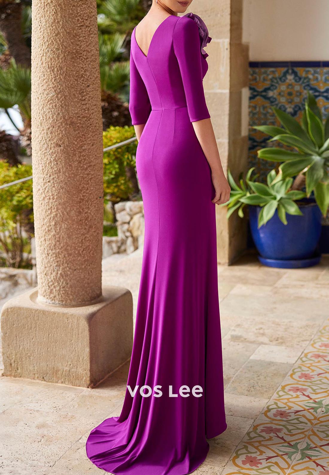 V Back 3/4 Sleeve Scoop Sheath Pleated Mother of Bride Dresses Evening Dresses