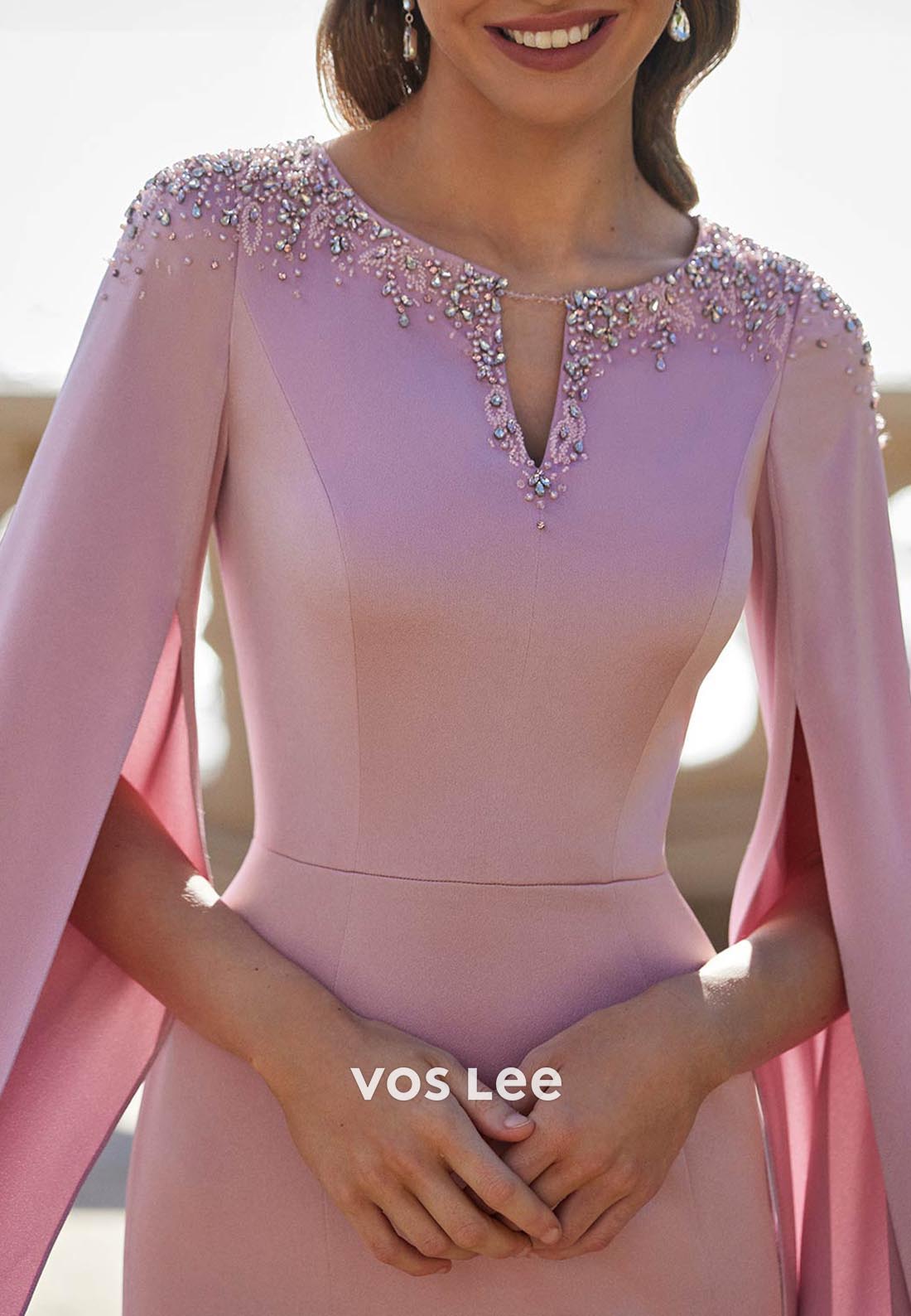Long Sleeve V Neck Rhinestone Floor-Length Pleated Mermaid Mother of Bride Dresses