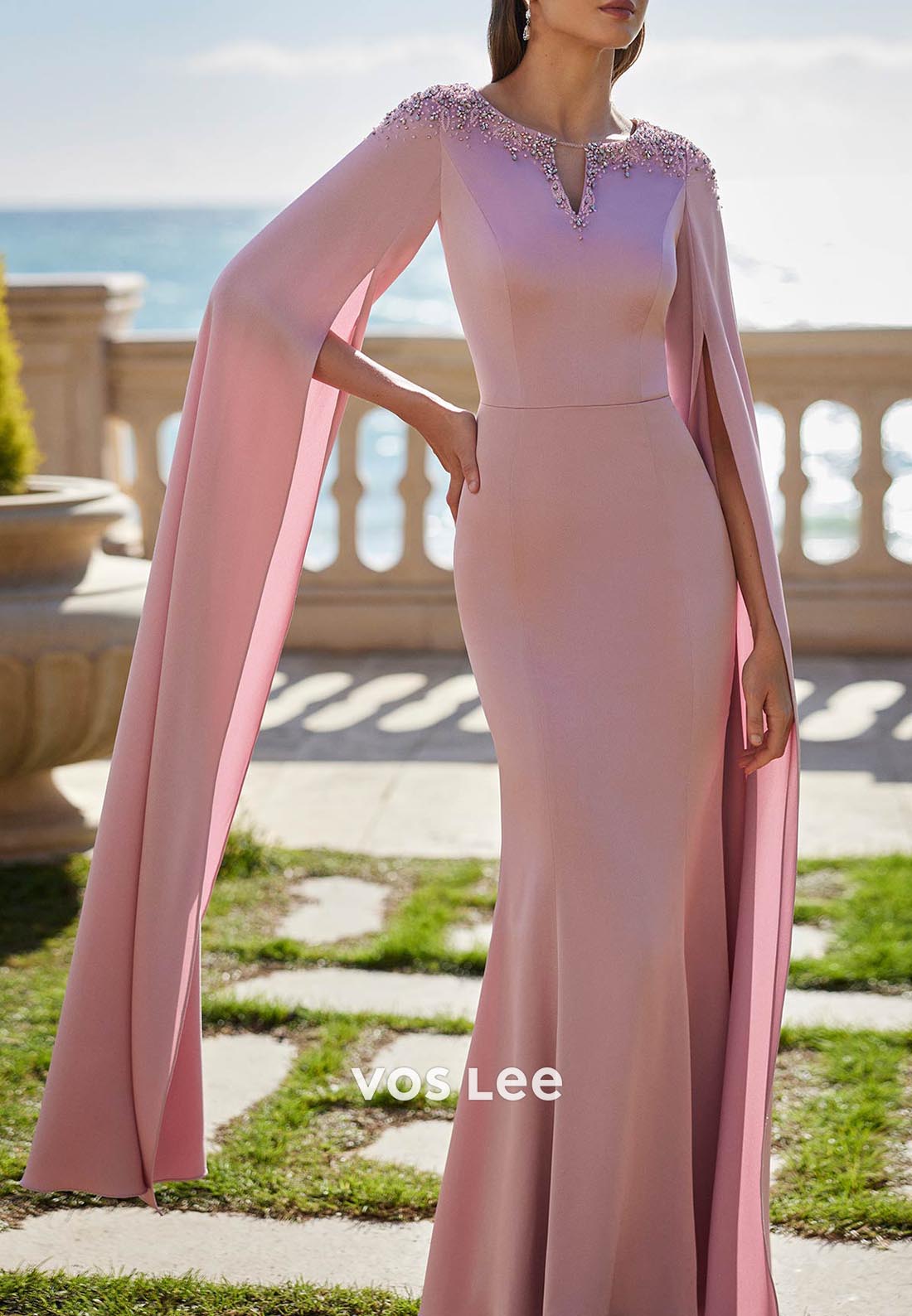 Long Sleeve V Neck Rhinestone Floor-Length Pleated Mermaid Mother of Bride Dresses