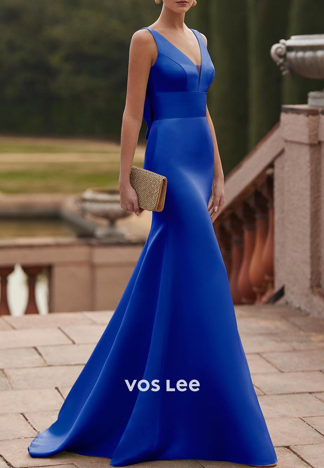 Low Back V Neck Bowknot Mermaid Satin Mother of Bride Dresses with Sweep Train