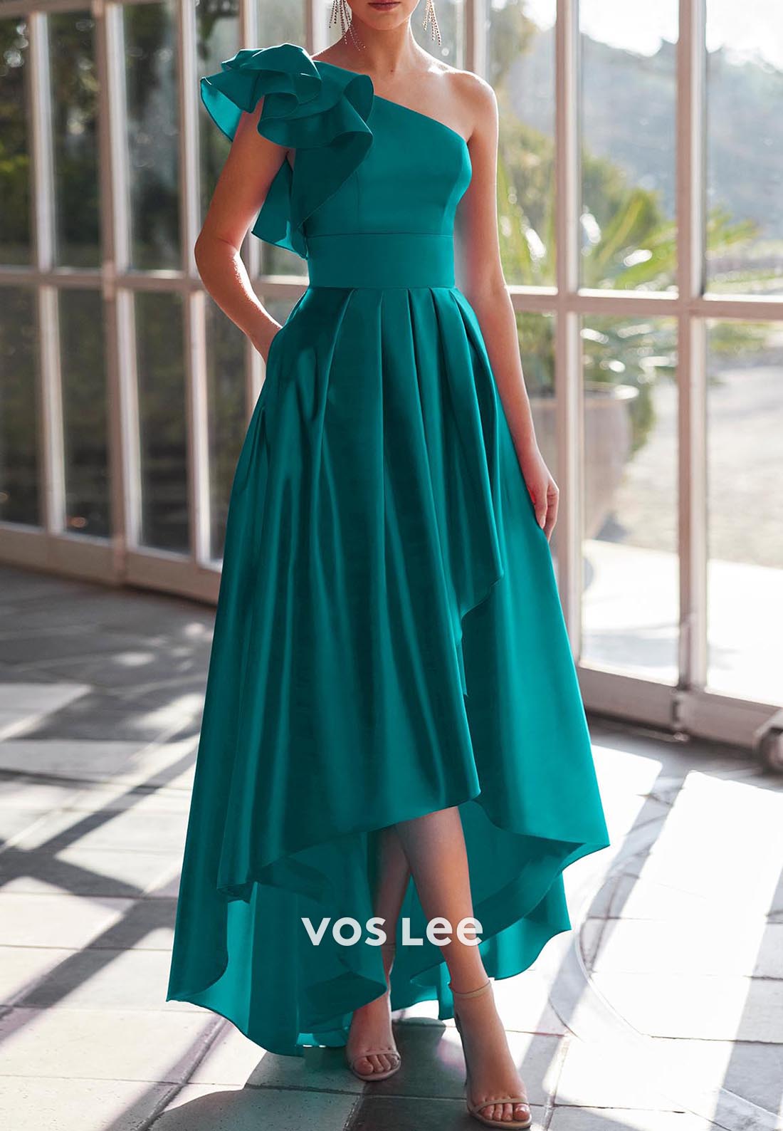 Fashion A-Line High Low One Shoulder Formal Mother of Bride Dresses with Pockets