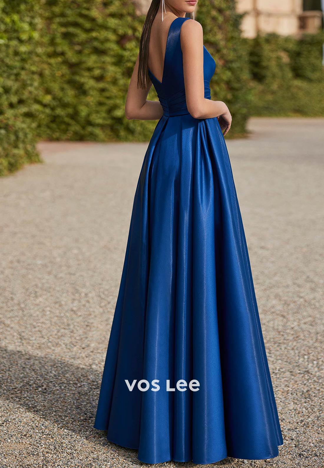 A-Line V Neck Pleated Bowknot Floor-Length Mother of Bride Dresses with pocket