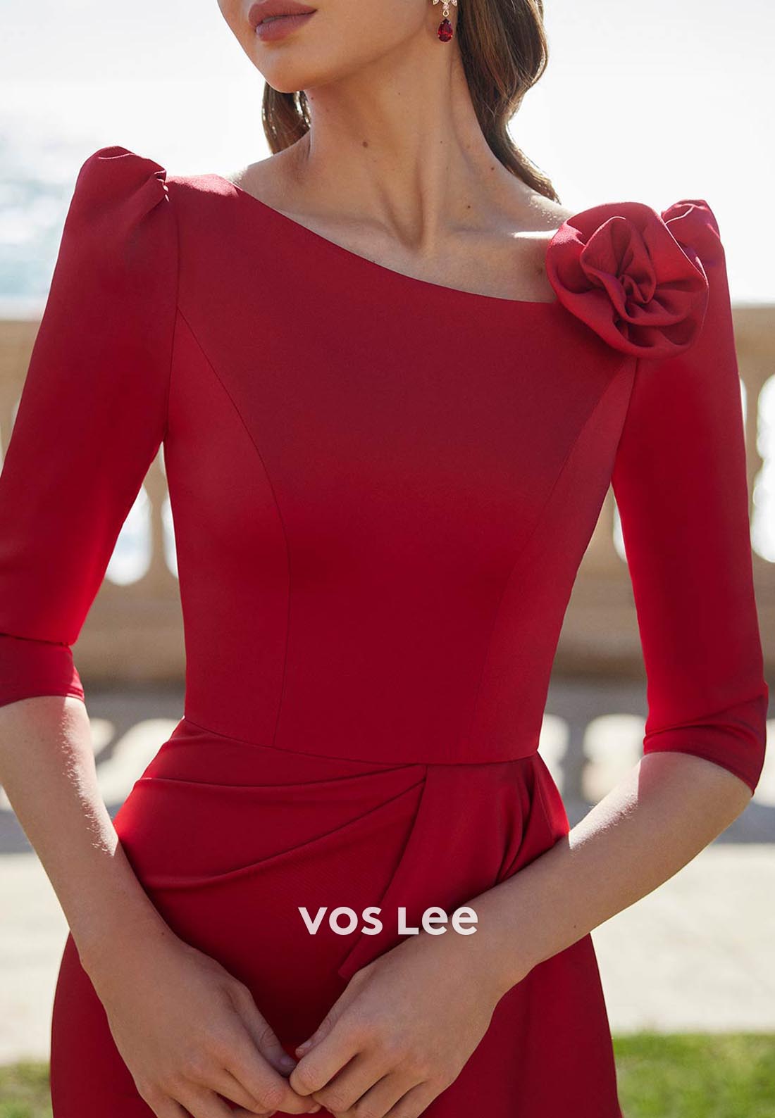 Classic 3/4 Sleeve Asymmetrical Neck Flowers Pleated Mermaid Mother of Bride Dresses