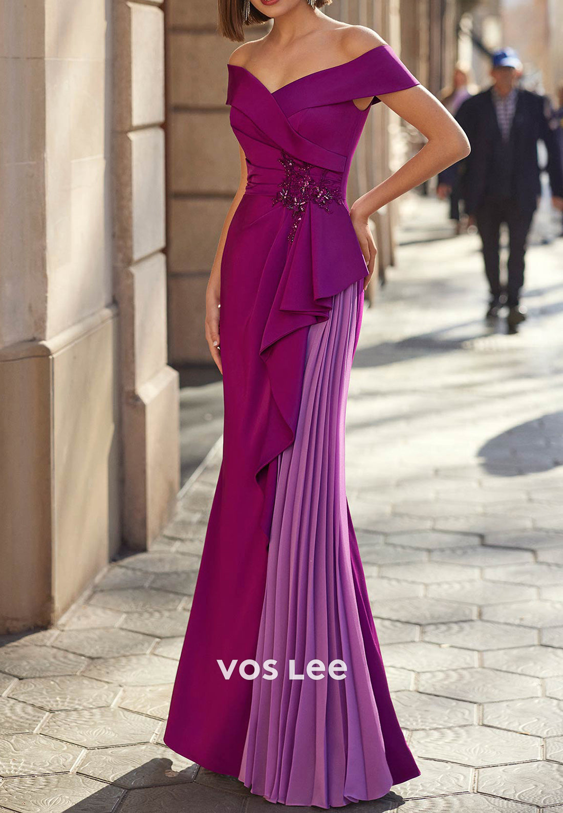 Off the Shoulder Sleeveless v-neck Appliqued Sheath Pleated Mother of Bride Dresses