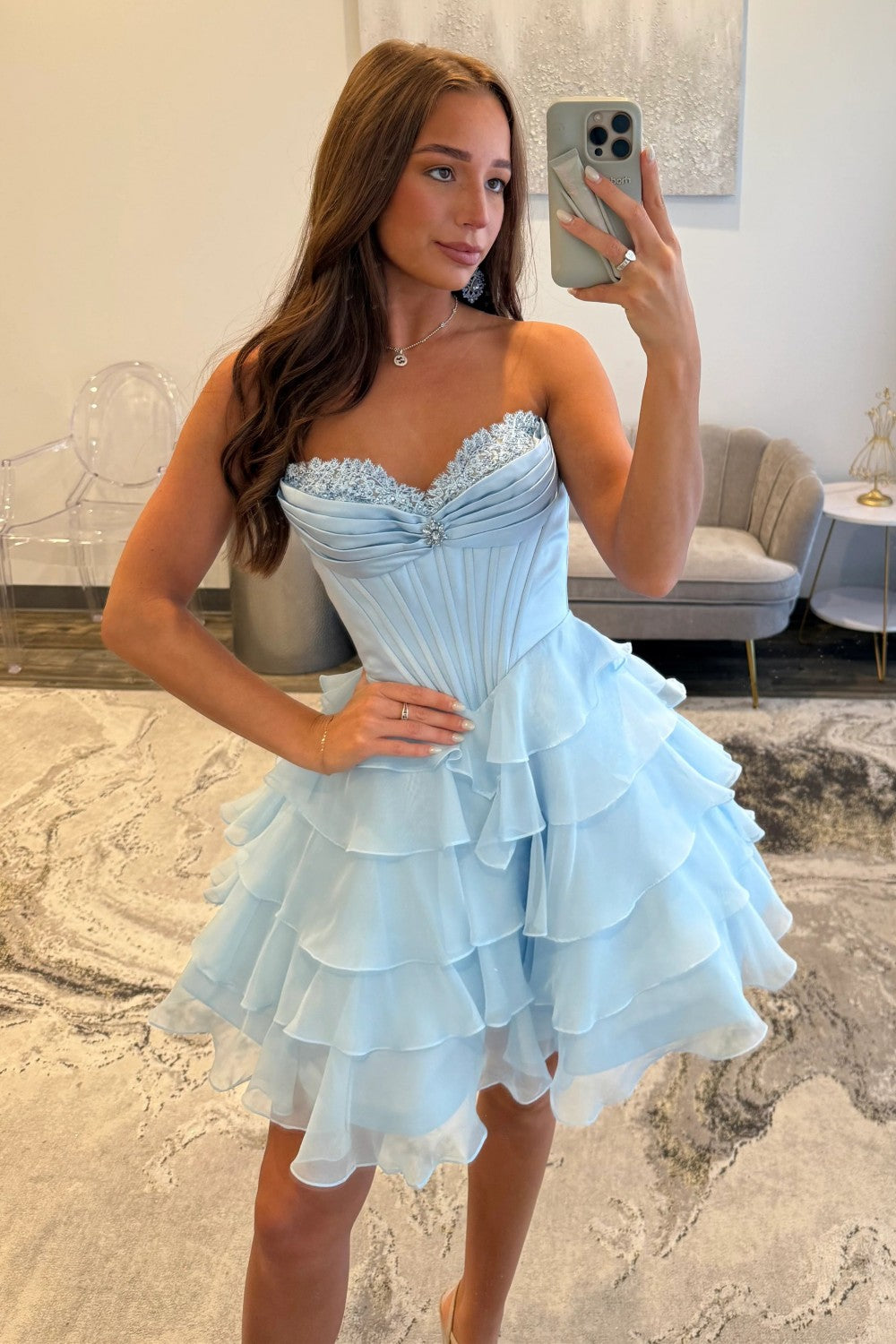 Princess A Line Strapless Lilac Corset Homecoming Dress with Appliques Ruffles