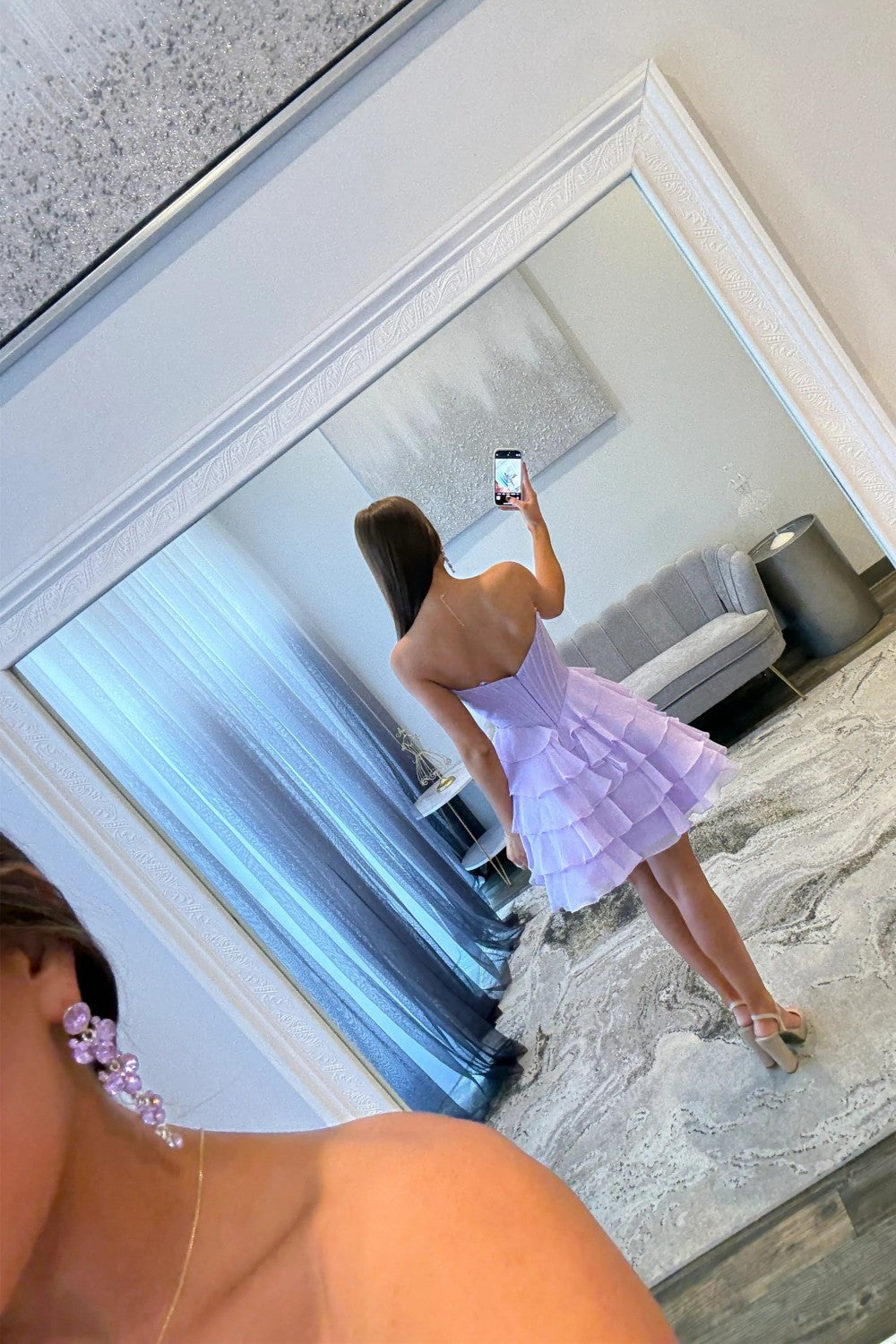 Princess A Line Strapless Lilac Corset Homecoming Dress with Appliques Ruffles