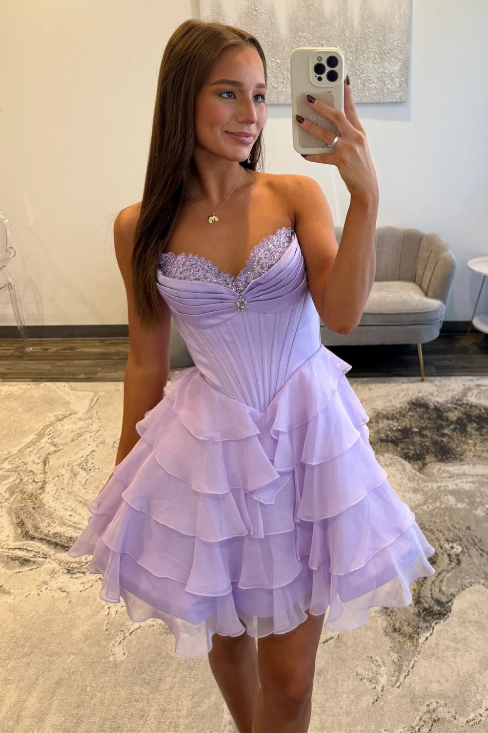 Princess A Line Strapless Lilac Corset Homecoming Dress with Appliques Ruffles