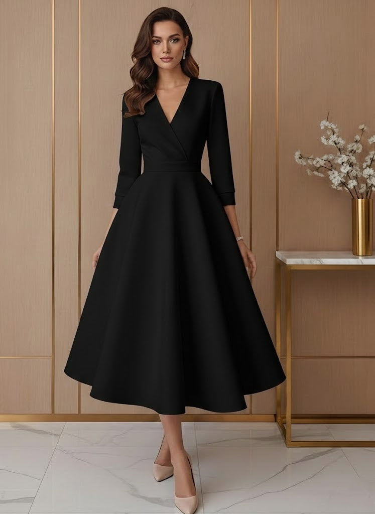 A-Line V-Neck Satin Wedding Dress Tea-length 3/4 Sleeves