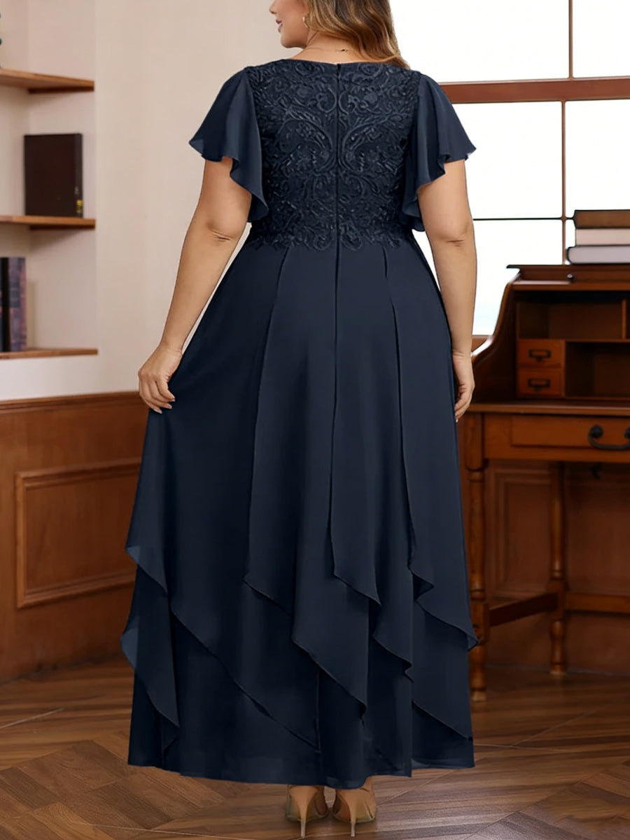 Plus Size Chiffon V-Neck Mother of the Bride Dresses Short Sleeves Ruffles