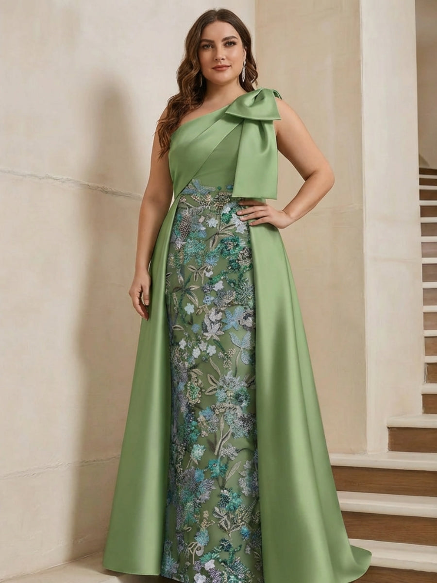 Plus Size One-Shoulder Mother of the Bride Dresses with Overskirt