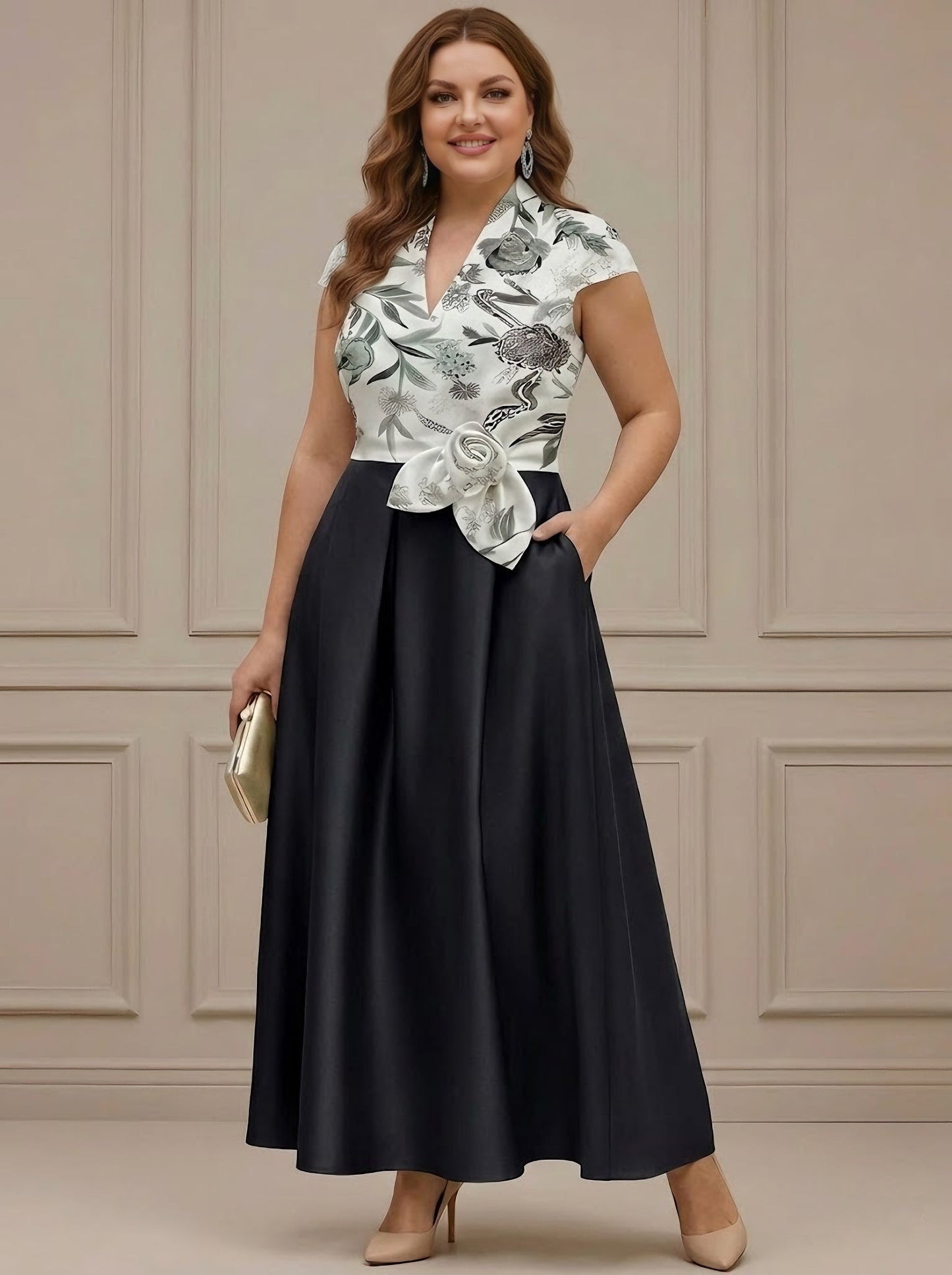 Floral V-Neck Plus Size Mother of the Bride Dresses with Sash Short Sleeves Ankle-Length