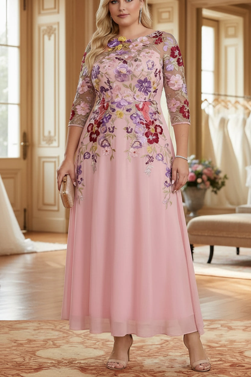 Plus Size Scoop Chiffon Mother of the Bride Dresses Lace Floral Half Sleeves Ankle-Length