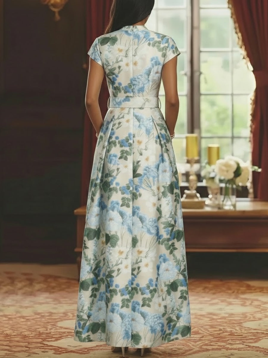 Printed Satin Short Sleeves Floral Floor-Length A-Line V-Neck Mother of the Bride Dresses