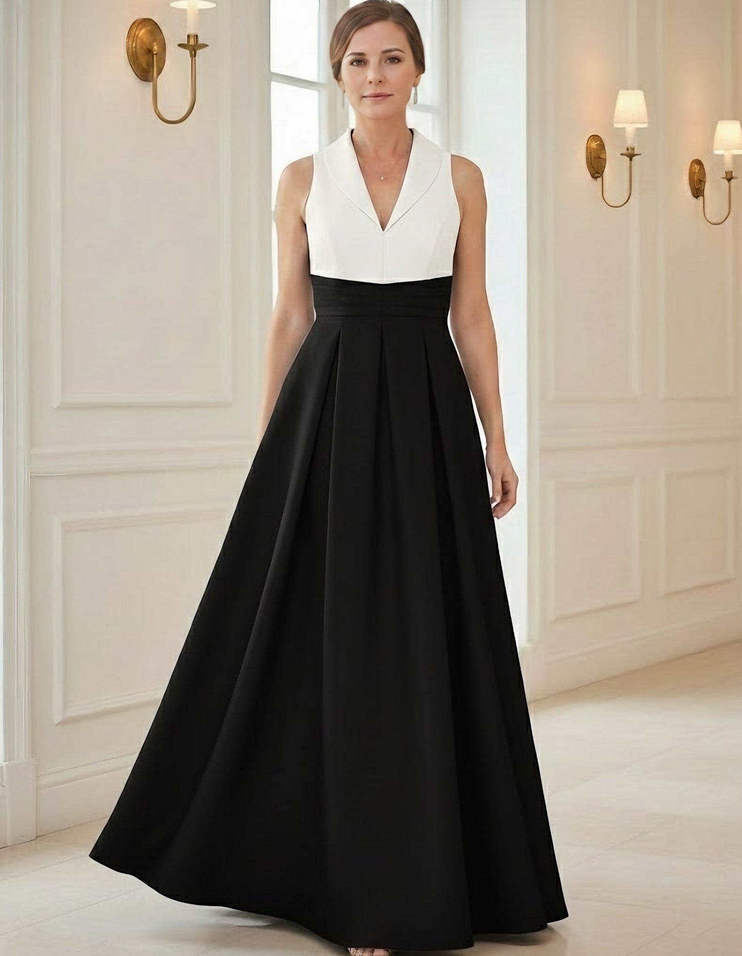 A-Line V-Neck Satin Mother of the Bride Dresses Floor-Length Sleeveless Pleated