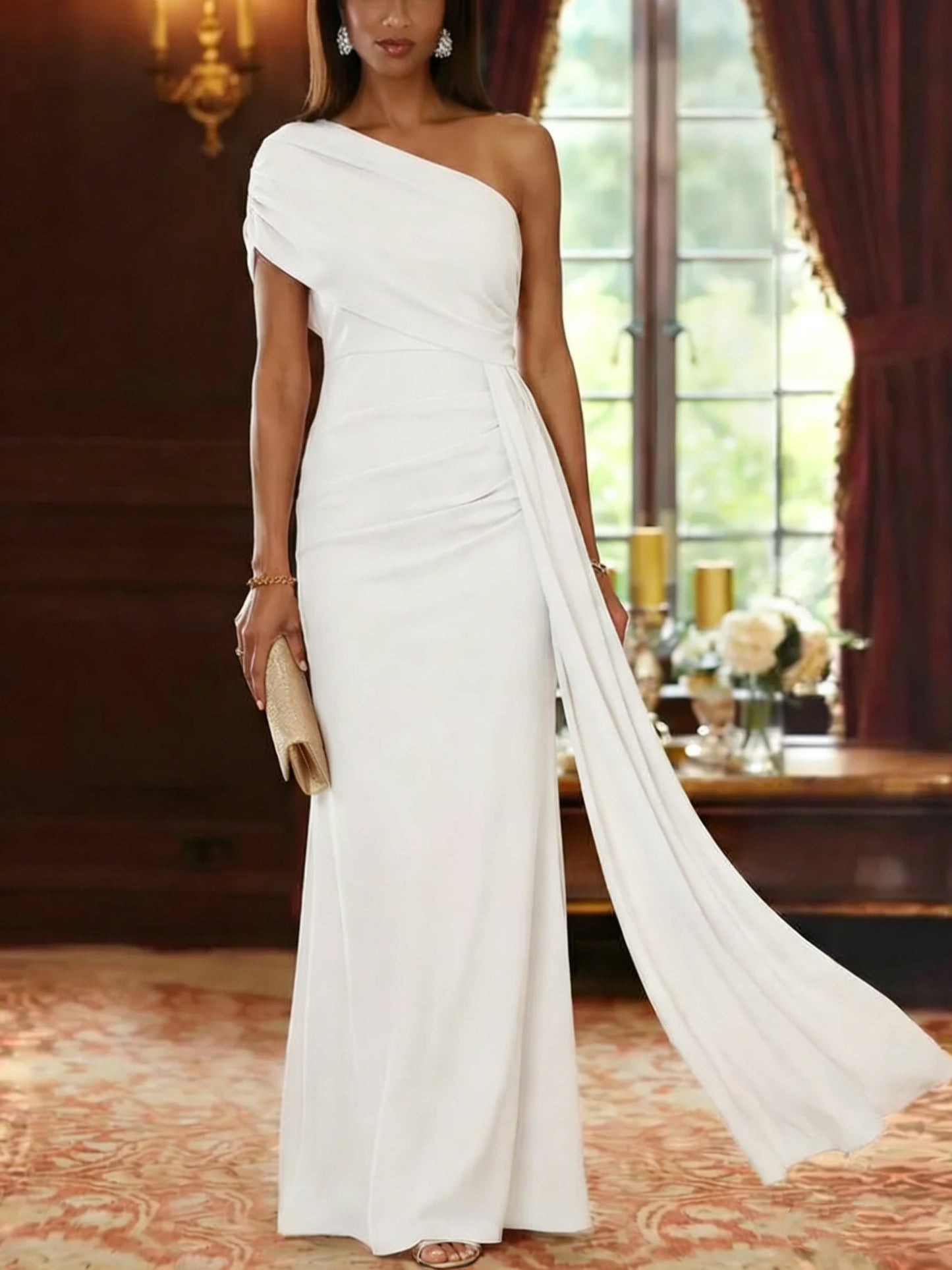 One-Shoulder Chiffon Mother of the Bride Dresses with Train Floor-Length Sleeveless