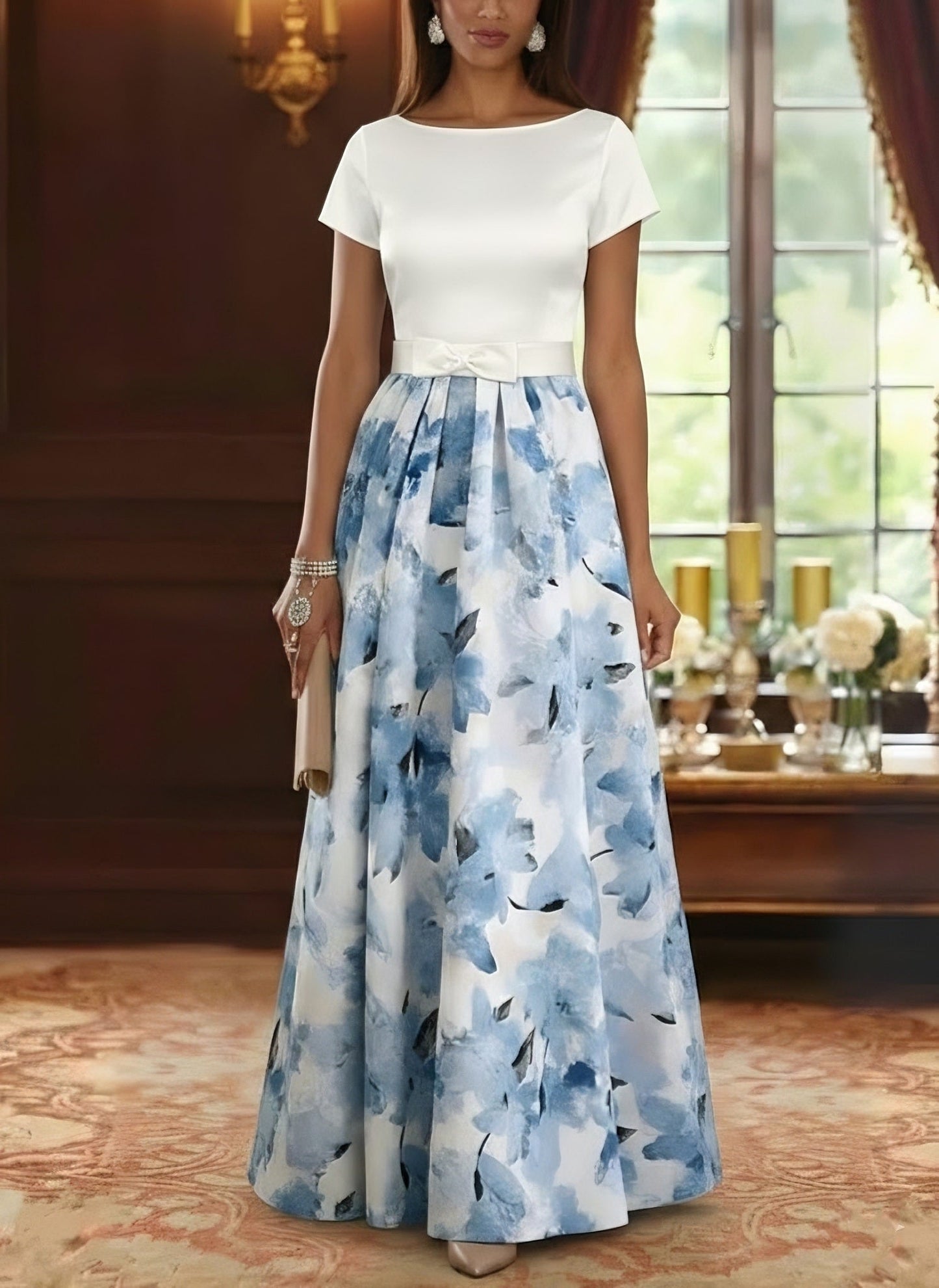 A-Line Mother of the Bride Dresses Floral Floor-Length Short Sleeves Bowknot