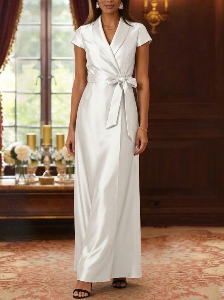 Cap Sleeves Ankle-Length Shirt Collar Silk Satin Mother of the Bride Dresses