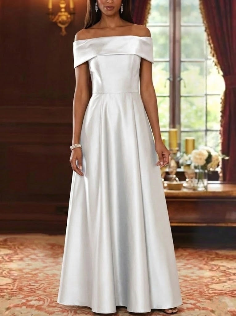 Off-the-Shoulder Satin Mother of the Bride Dresses Sleeveless Floor-Length Pleated