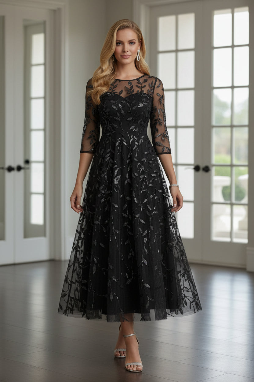 Scoop Lace Sequins Mother of the Bride Dresses Floral Tea-Length