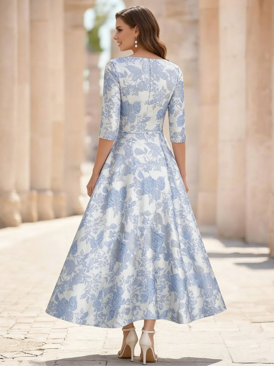 Floral Tea-Length Half Sleeves Ruffles Mother of the Bride Dresses