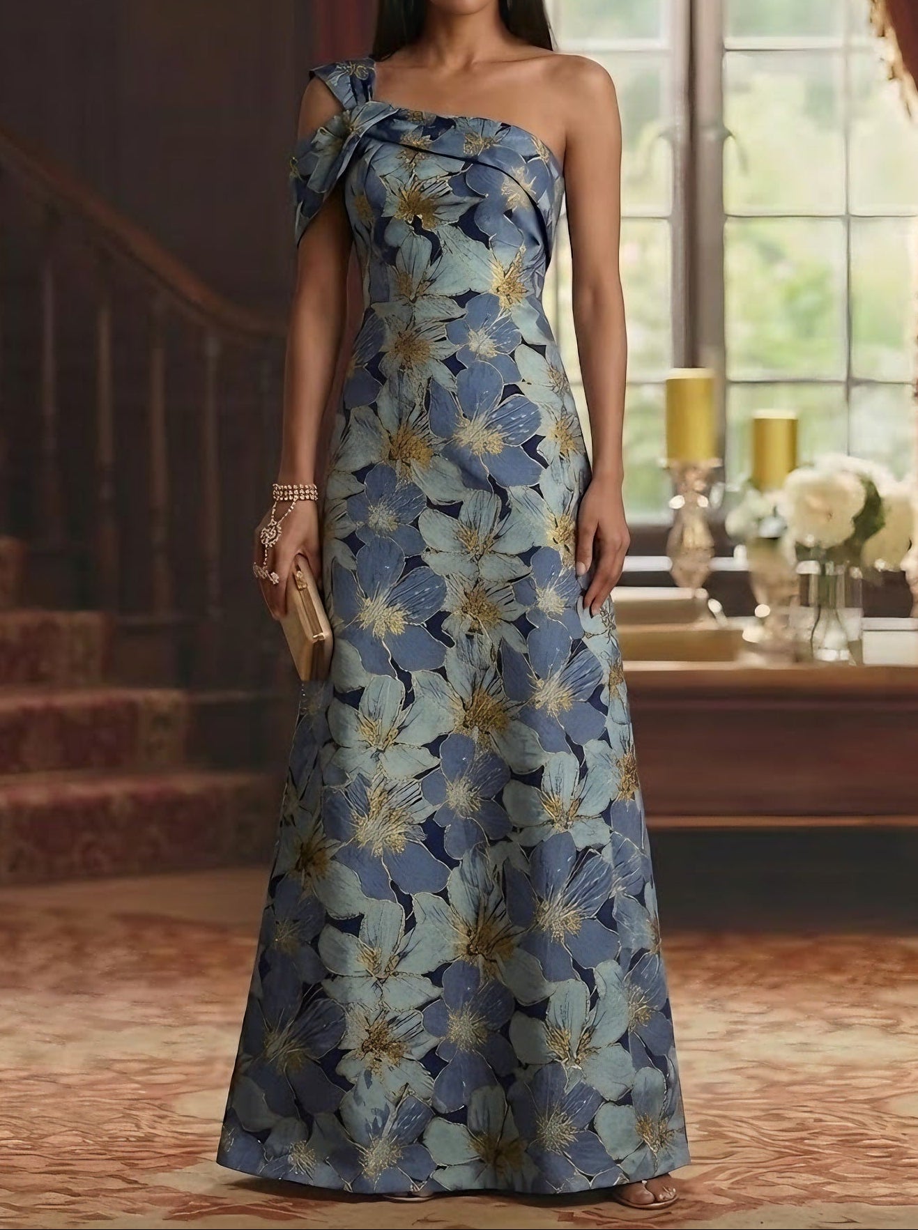 Elegant One-Shoulder Jacquard Mother of the Bride Dresses Floral Floor-Length Sleeveless