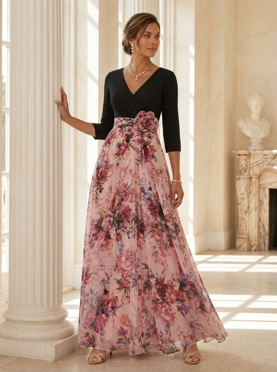3/4 SleevesV-Neck Elastic Floral Chiffon Mother of the Bride Dresses with 3D Flower