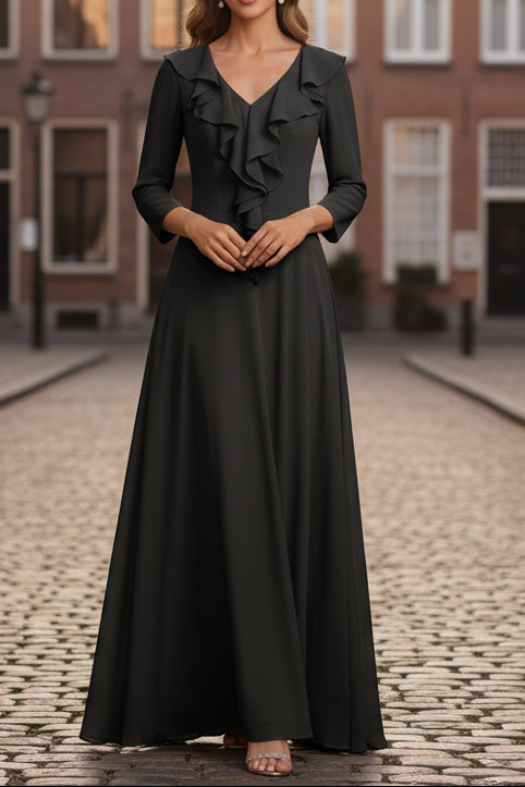 V-Neck Chiffon Mother of the Bride Dresses Floor-Length 3/4 Sleeves Ruffles