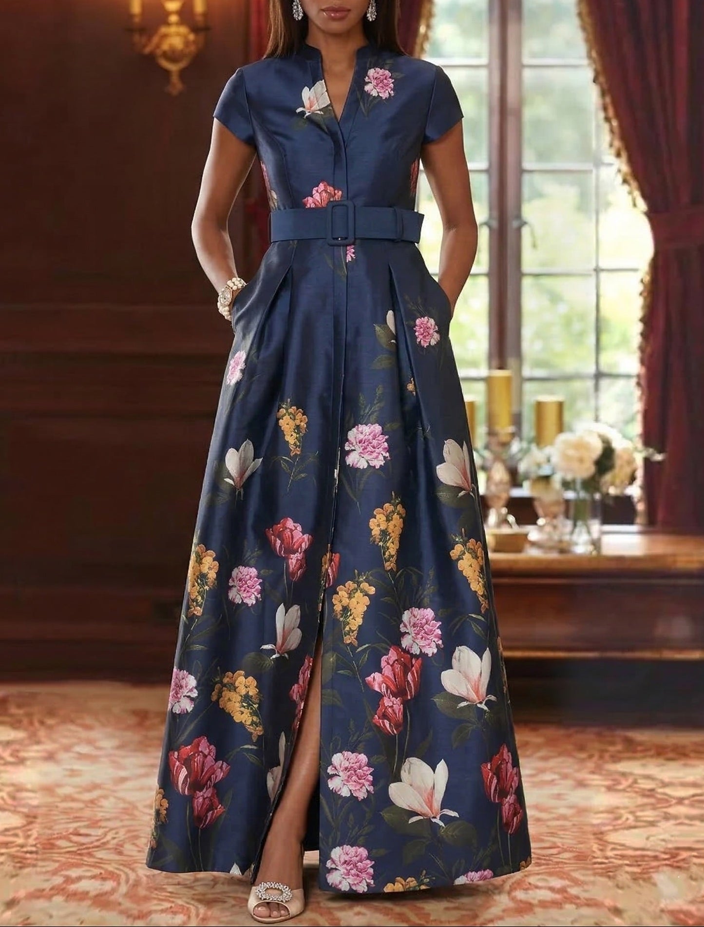 Printed Satin Mother of the Bride Dresses Floral Short Sleeves Floor Length Belt