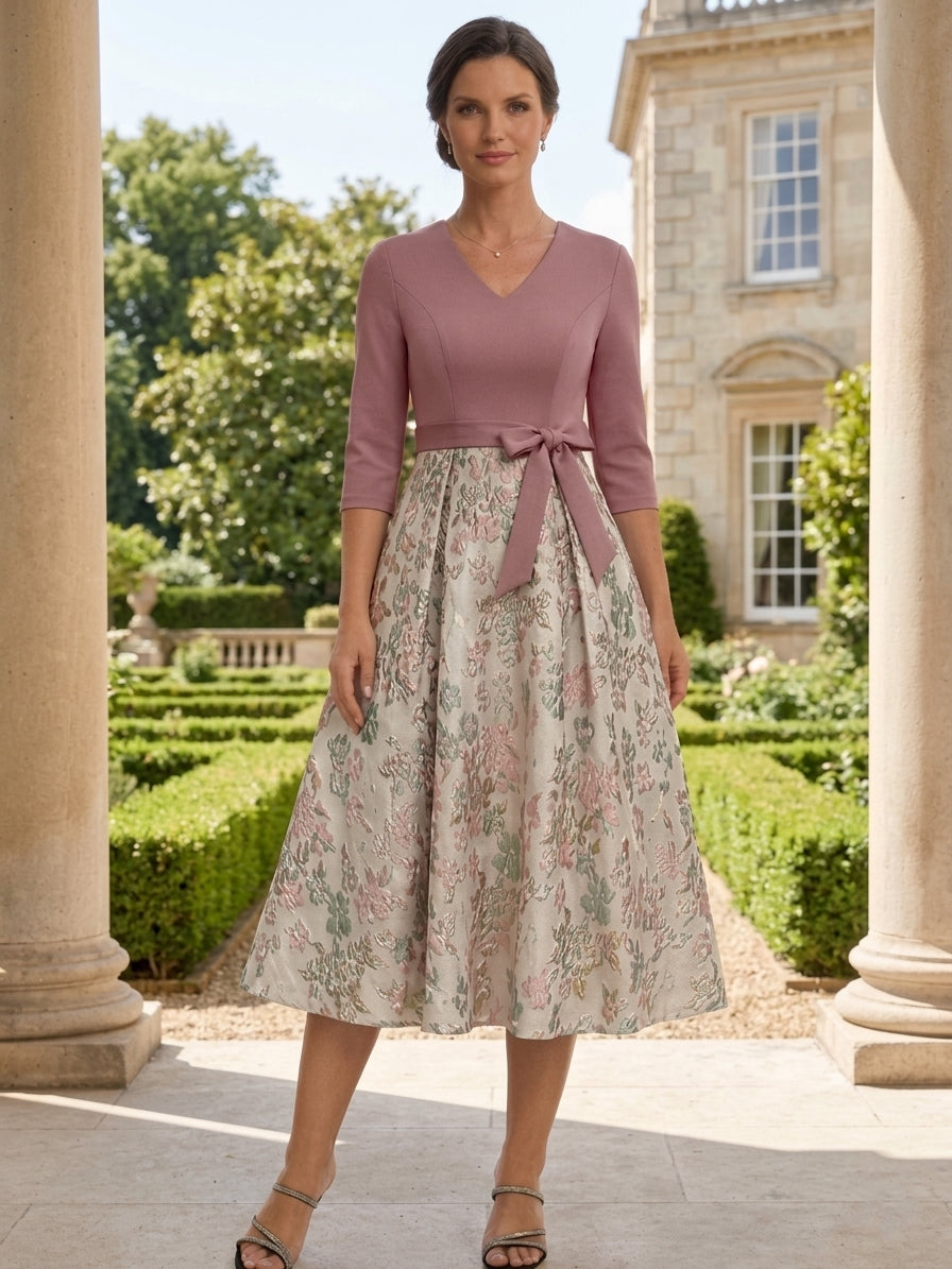 A-Line Mother of the Bride Dresses 3/4 Sleeves Floral Tea-Length Bowknot