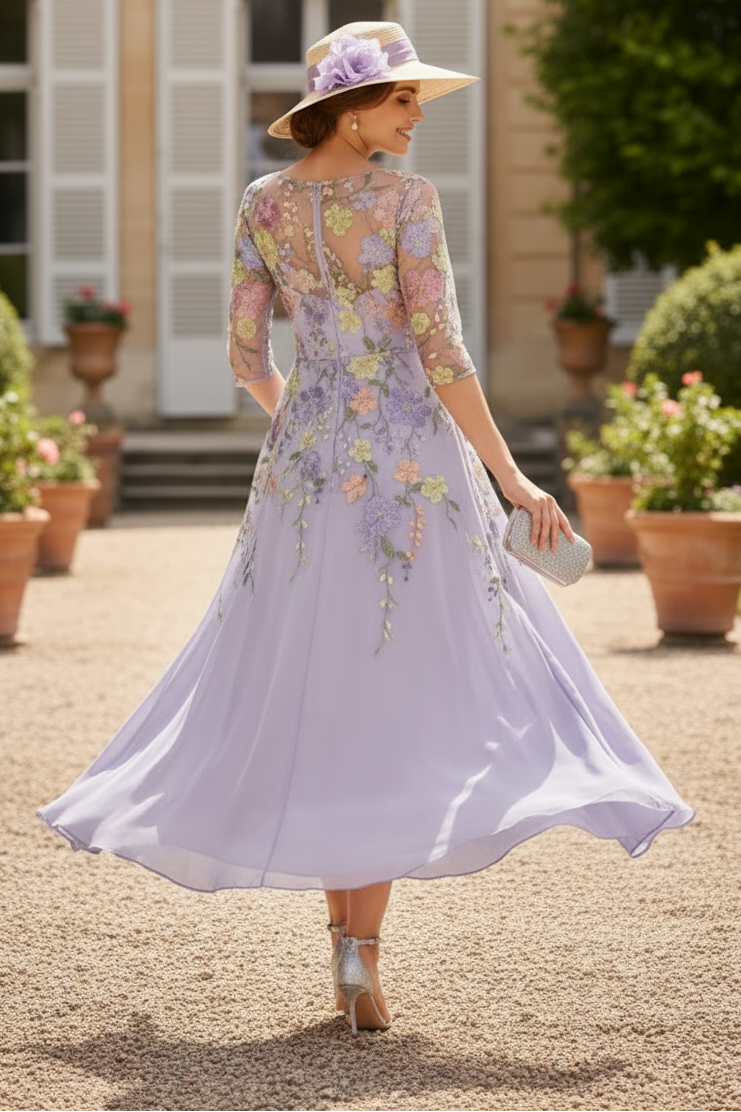 A-Line/Princess V-Neck Chiffon Mother of the Bride Dresses Half Sleeves Lace Floral Asymmetrical Tea-Length