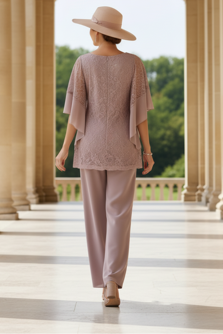 2 Piece Scoop Chiffon Mother of the Bride Pantsuits Half Sleeves Ankle-Length Lace Floral Beading