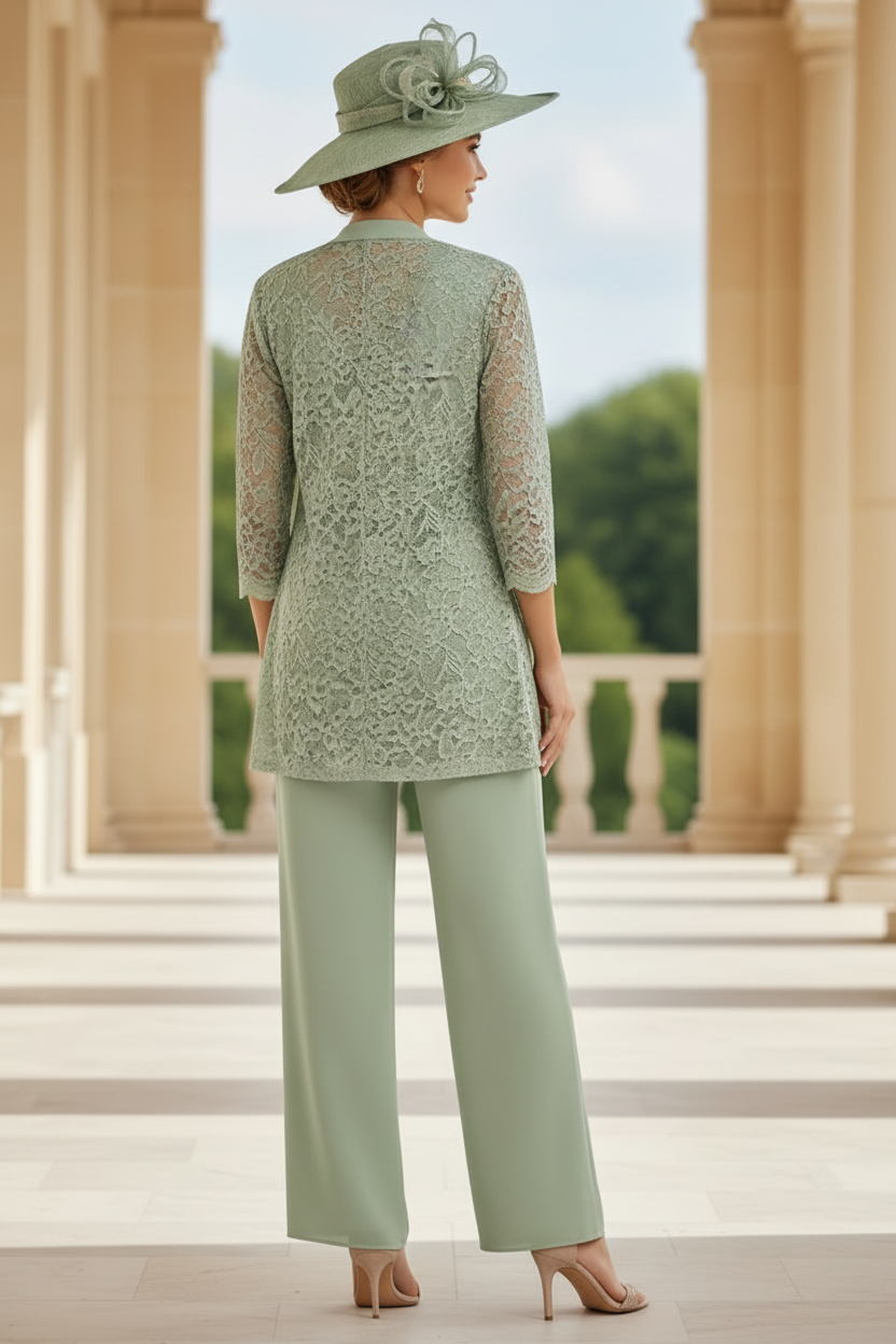 3 Pieces Suit Scoop Chiffon Mother of the Bride Pantsuits with Jacket 3/4 Sleeves Lace Floor-Length