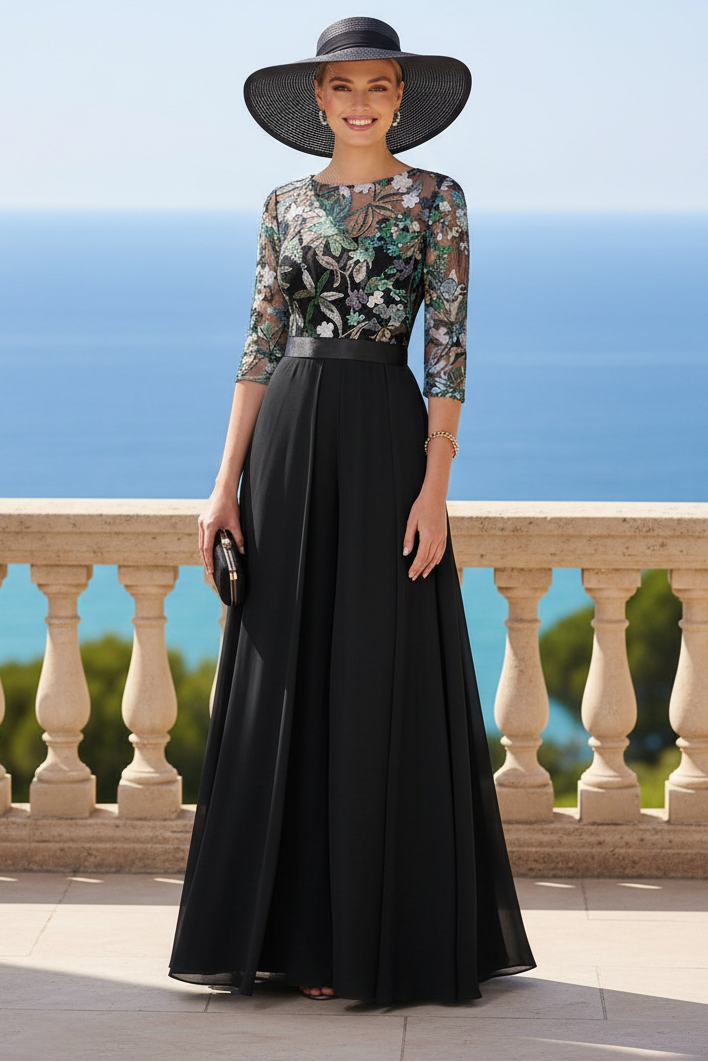 Jumpsuit Scoop Chiffon Mother of the Bride Jumpsuit with Overskirt 3/4 Sleeves Floral Sequins Floor-Length