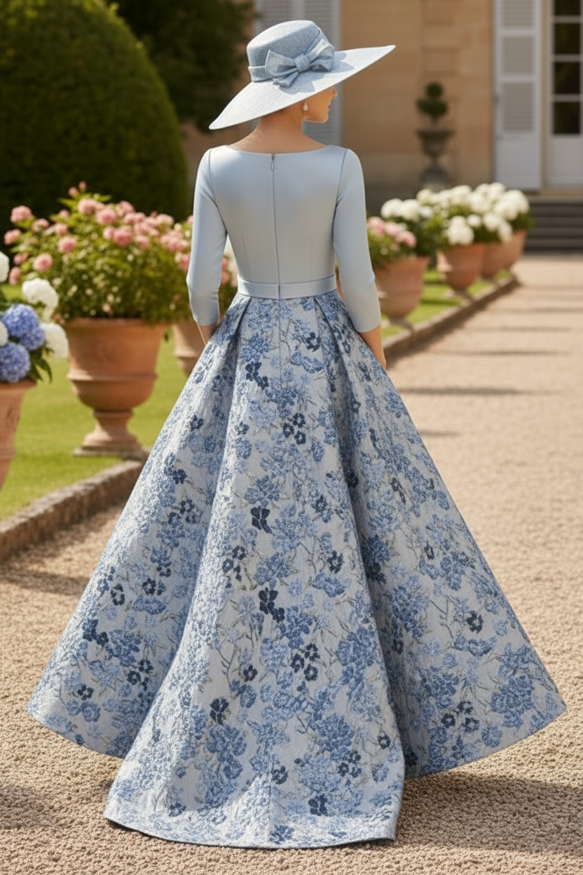 A-Line/Princess V-Neck Satin Mother of the Bride Dresses 3/4 Sleeves Floral Asymmetrical Floor-Length