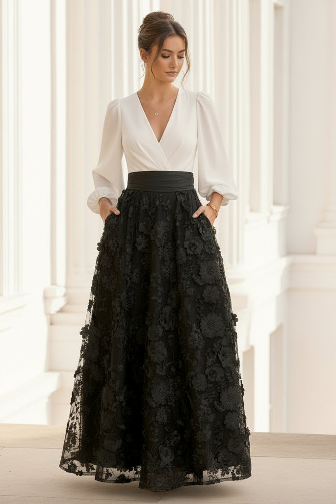 A-Line V-Neck Lace Floral Mother of the Bride Dresses 3/4 Sleeves Ankle-Length