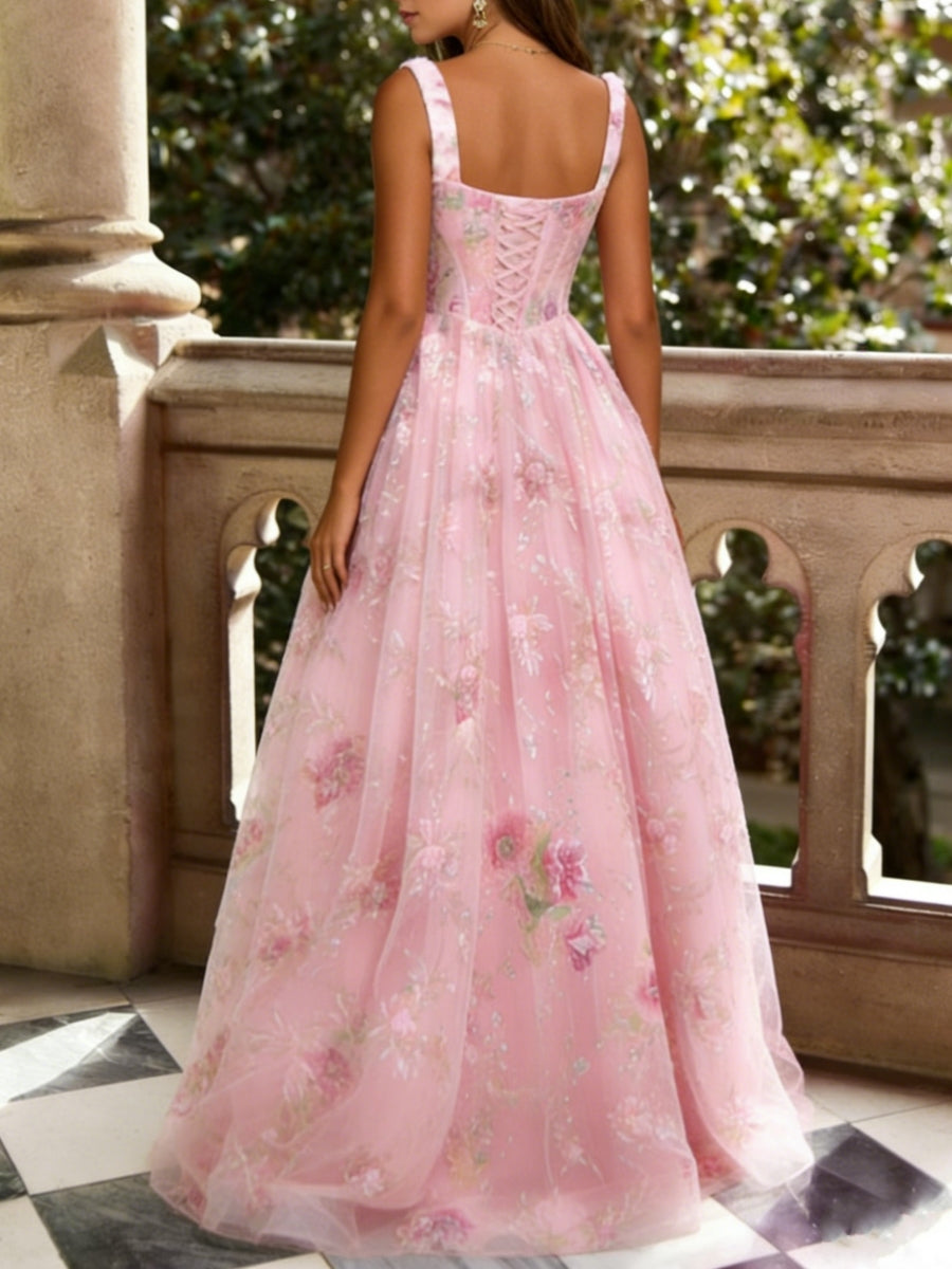 Square Collar Lace Prom Dresses Floor-Length Princess Floral Formal Dresses