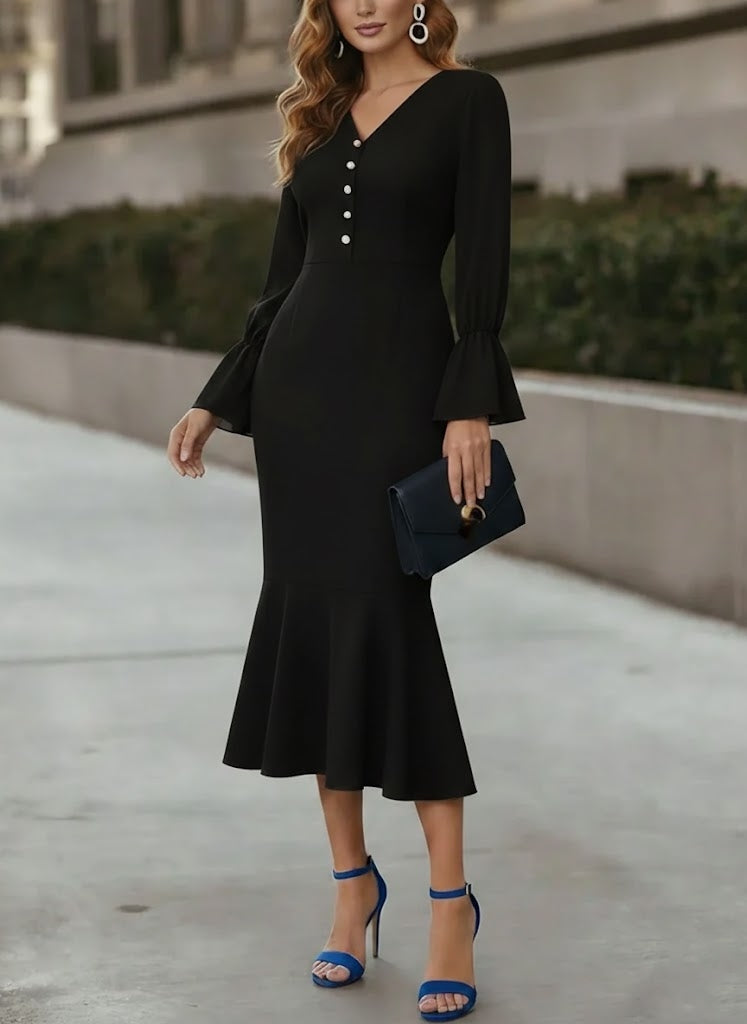 V-Neck Chiffon Cocktail Dresses Tea-Length Long Sleeves Formal Dresses