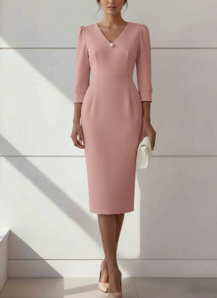 Sheath Cocktail Dresses with Pearl Tea-Length 3/4 Sleeves Formal Dress