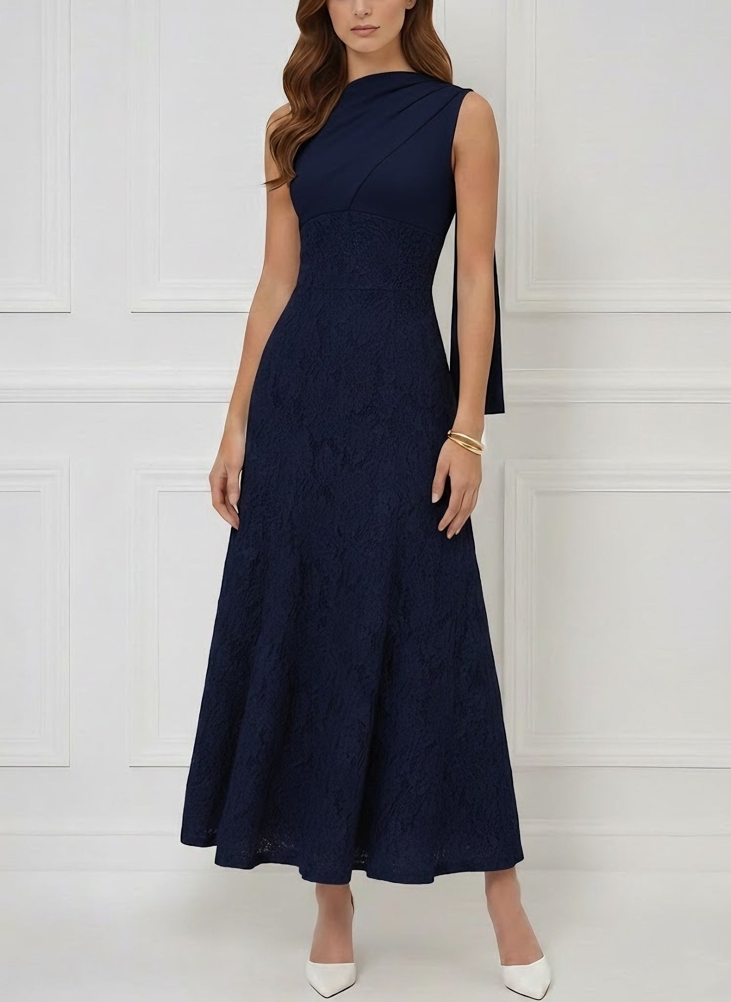 Scoop Stretch Satin Cocktail Dresses Lace Formal Dress
