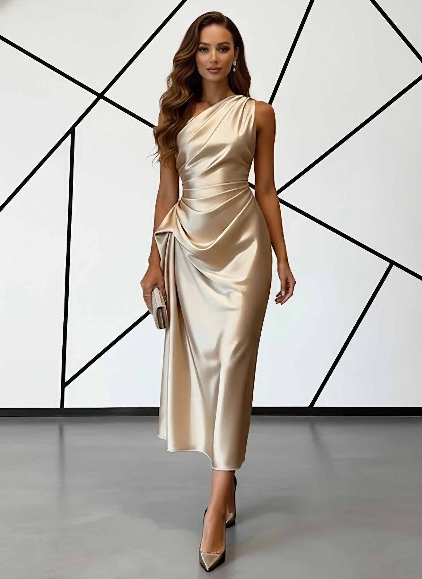 One-Shoulder Silk Satin Cocktail Dresses Sleeveless Tea-Length Ruched Dresses