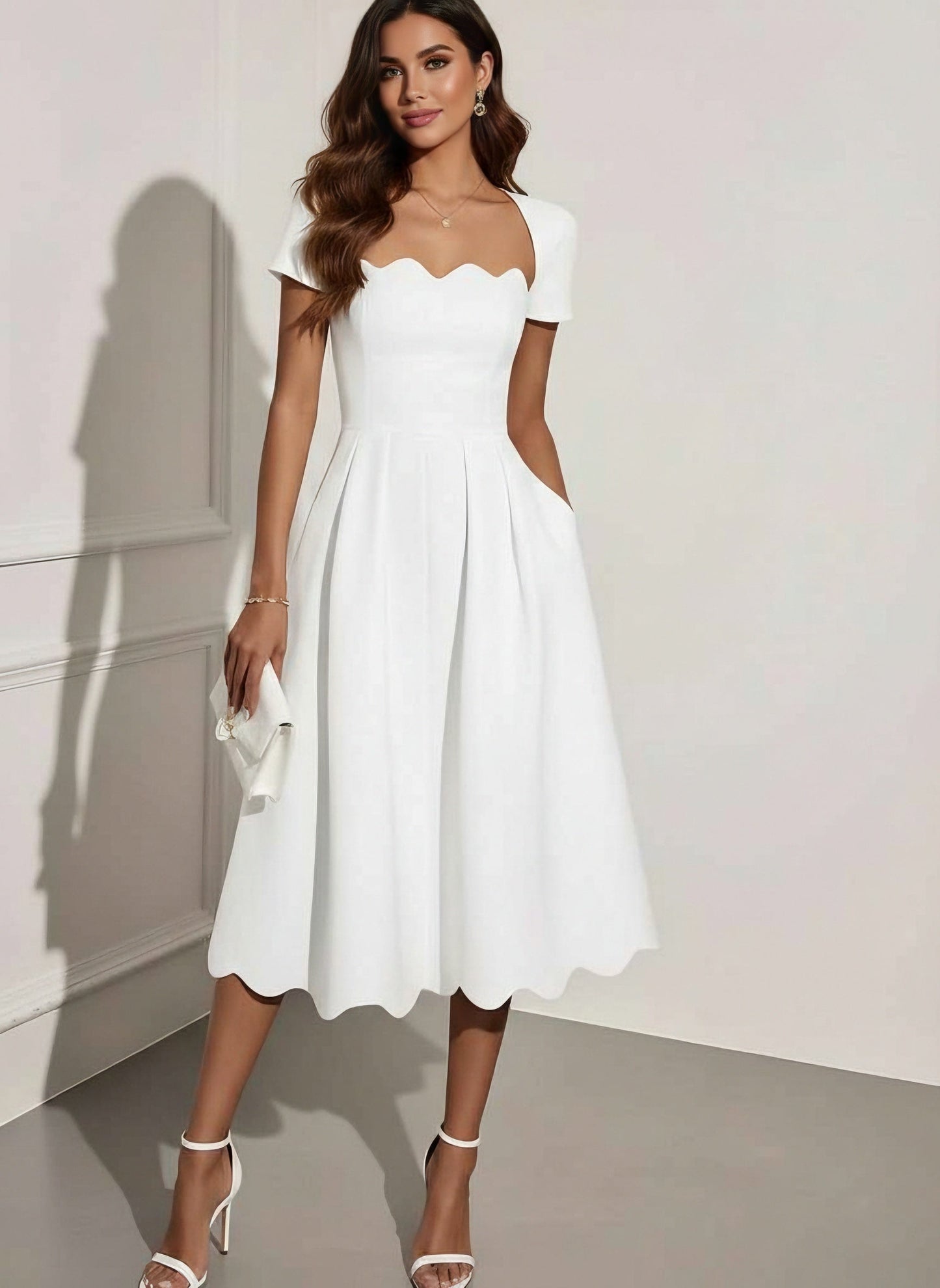 Square Neck Stretch Satin Cocktail Dresses Tea-Length Pleated Formal Dresses