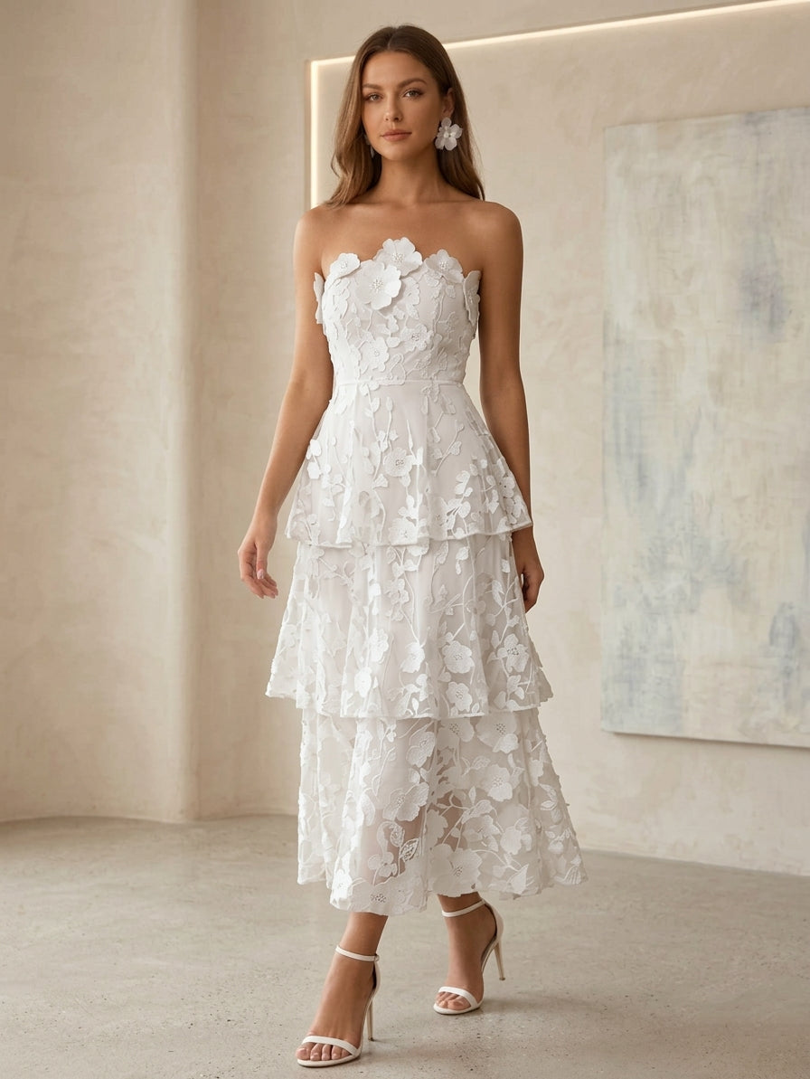Lace Cocktail Dresses Tea-Length Sleeveless Ruffles Floral Dresses