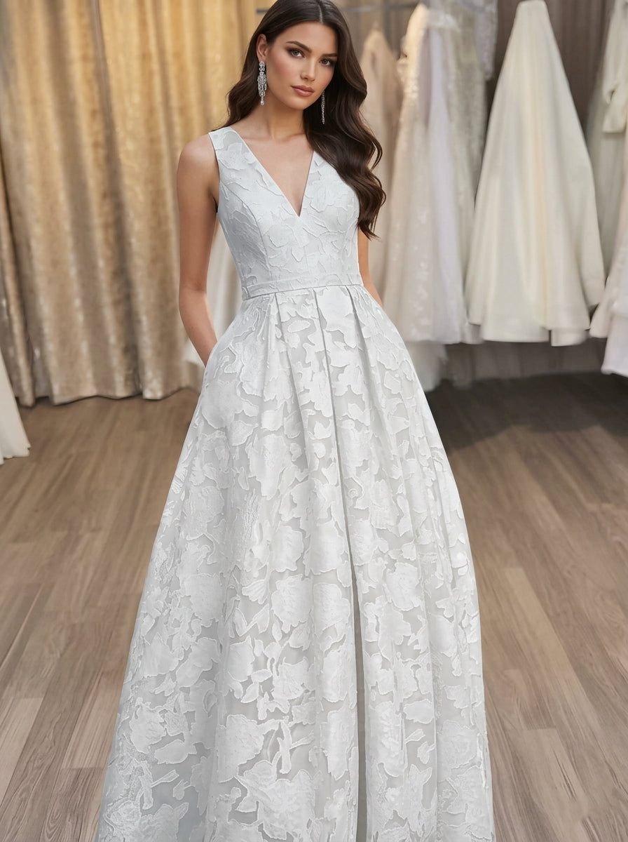 A-Line V-Neck Lace Floral Evening Dresses Floor-Length Sleeveless Party Dresses