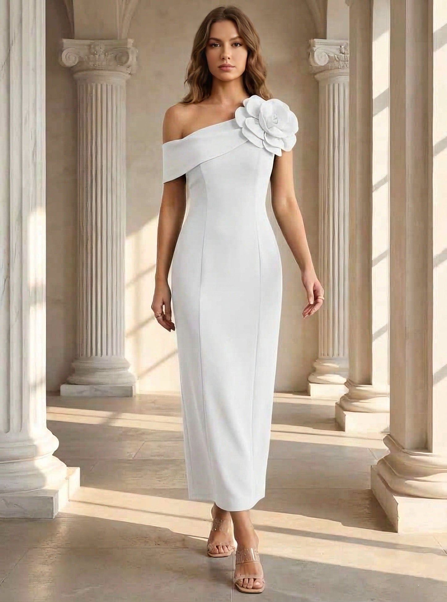 One-Shoulder Stretch Satin Cocktail Dresses Tea-Length Formal Dresses