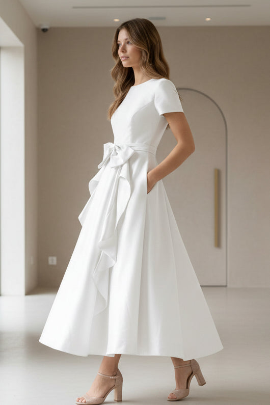 Scoop Satin Cocktail Dresses with Bowknot Short Sleeves Formal Dresses