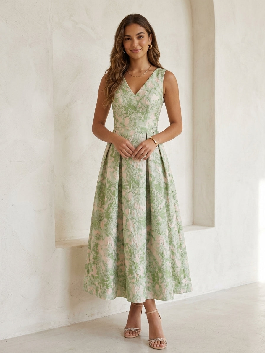 Tea-Length V-Neck Jacquard Cocktail Dresses